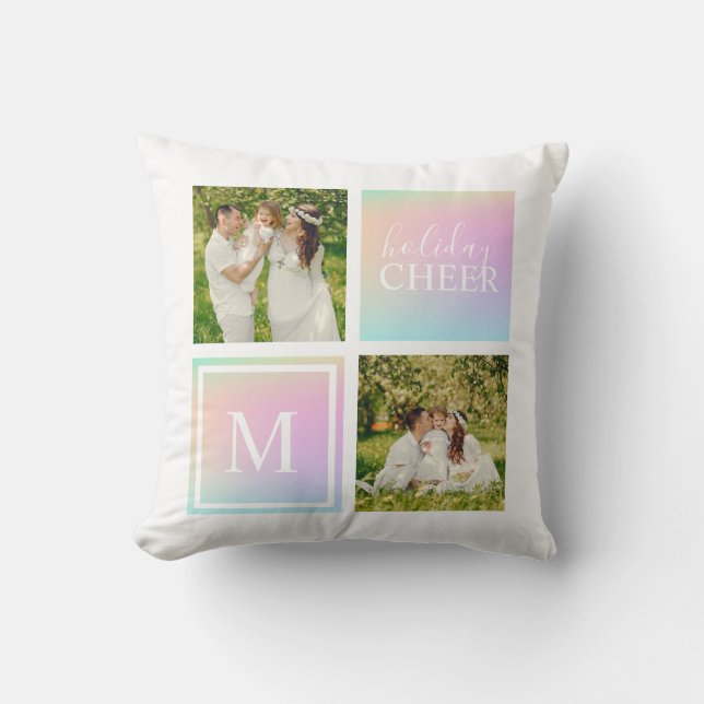 Almofada Monograma Foto Natal Feriado Iridescente (Frente)