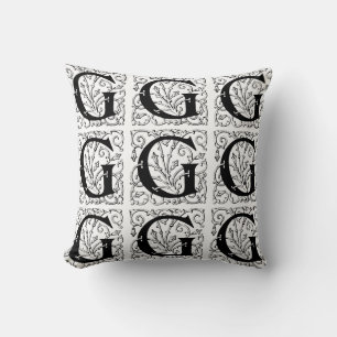 Almofada Monograma G Padrão Floral Branco e Preto Inicial