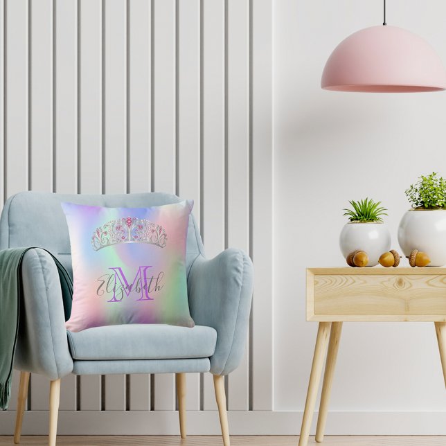 Almofada Monograma, holográfico, cor-de-rosa, arco-íris (Criador carregado)