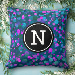 Almofada Monograma inicial de pontos de confete azul roxo e<br><div class="desc">Azul-turquesa brilhante, púrpura, rosa, e a sereia verde toned confetti pontos em um fundo negro enfeite este travesseiro decorativo moderno e chique. Personalize este travesseiro decorativo elegante com o seu monograma inicial. Faz uma declaração divertida e na moda cada vez que você relaxa com ela. Também um presente de excelente...</div>