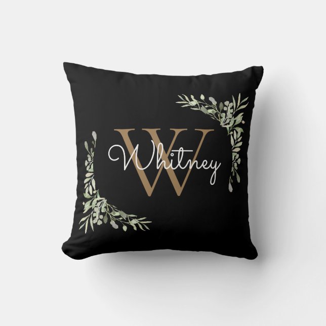Almofada Monograma Inicial Floral Verde de Script Preto Dou (Frente)