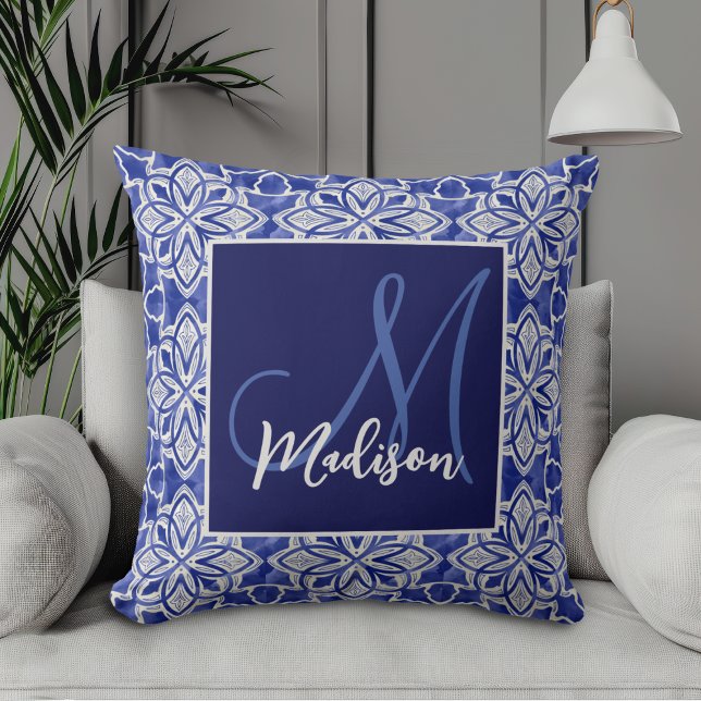 Almofada Monograma Inicial Geométrico Azul Elegante (Criador carregado)