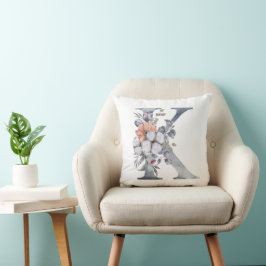 Almofada Monograma K, Floral Aquarela Azul Bege Branco