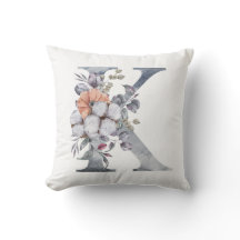 Monograma K, Floral Aquarela Azul Pêssego Branco