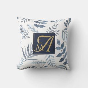 Almofada Monograma Marinho Azul Dourado Folhas Botânicas Fo