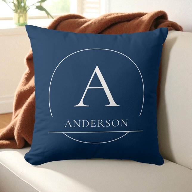 Almofada Monograma Moderno de Nome de Família Simples Azul- (Modern Navy Blue Simple Family Name Monogram Throw Pillow)