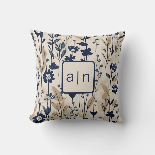 Almofada Monograma Moderno Floral Azul  (Frente)