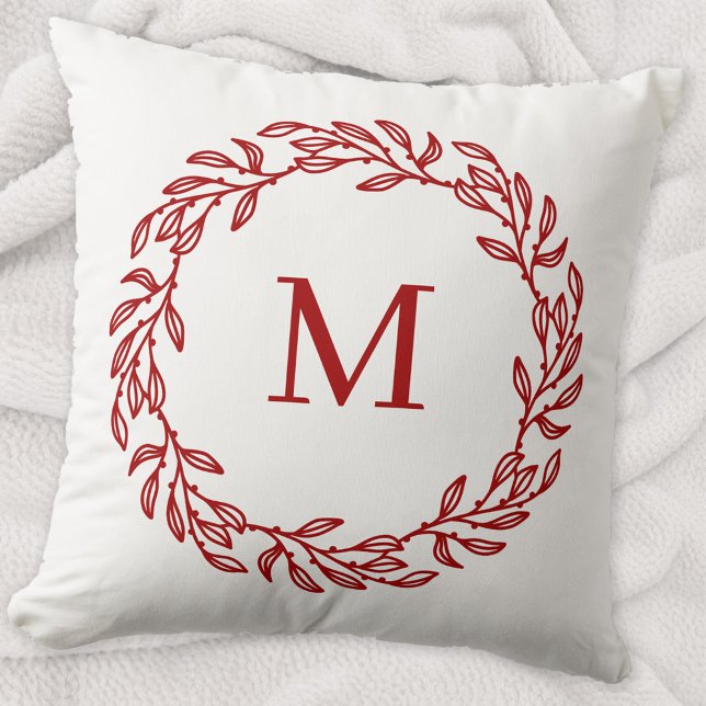 Almofada Monograma Moderno Folha Vermelha Inicial e Ferro B (Modern monogram initial red and white leafy botanical wreath throw pillow)
