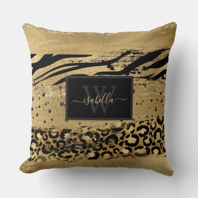 Almofada Monograma Moderno Glitter Dourado Script (Frente)