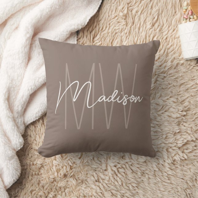 Almofada Monograma Moderno Nome Script Bege (Cobertor)