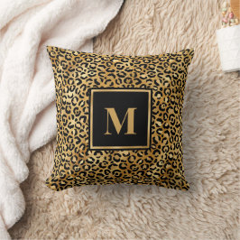 Almofada Monograma Moderno Preto Dourado Estampa de Leopard