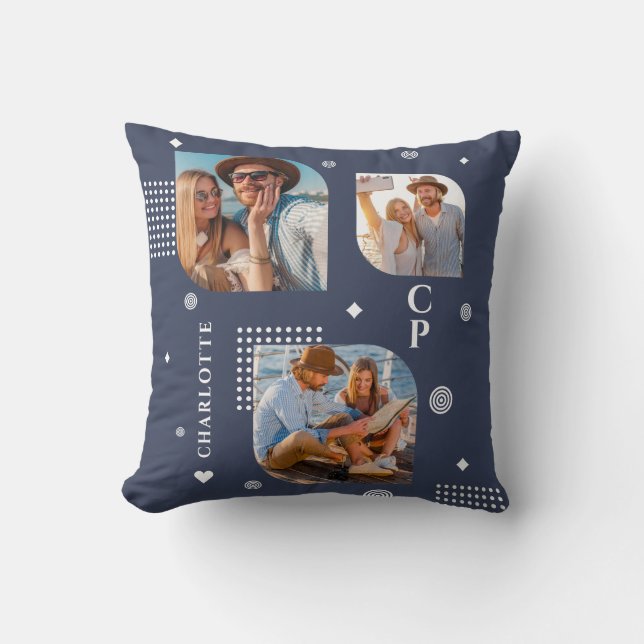 Almofada Monograma Nome 3 Tendência de Colagem de Fotos (Frente)