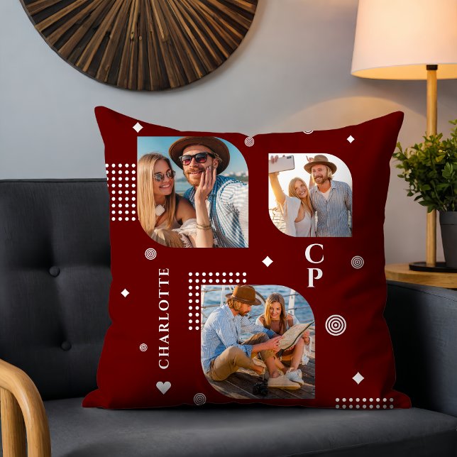 Almofada Monograma Nome 3 Tendência de Colagem de Fotos (Criador carregado)