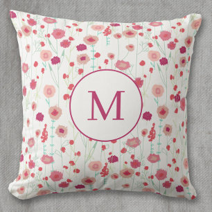 Almofada Monograma Padrão Botânico Floral Rosa