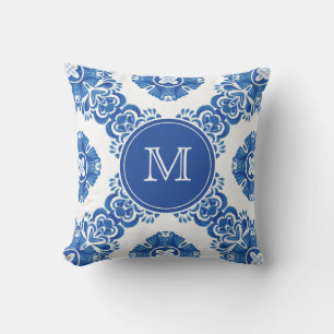 Almofada Monograma Parisiense Floral Azul e Branco