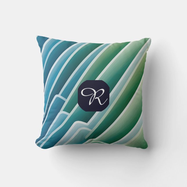 Almofada Monograma Personalizado Abstrato Azul Moderno Verd (Frente)