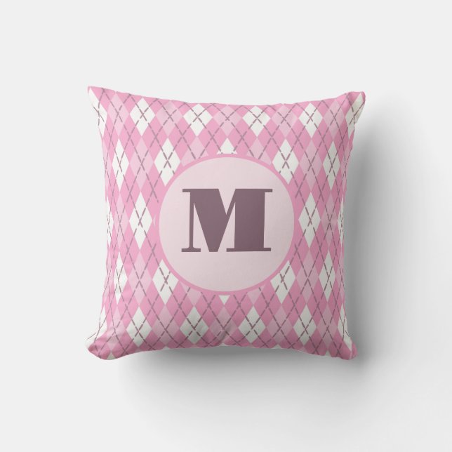 Almofada Monograma personalizado argyle cor-de-rosa fofo e  (Frente)