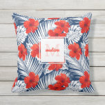 Almofada Monograma Personalizado de Flor de Hibiscus Tropic<br><div class="desc">travesseiro de lado duplo super fofo com um padrão botânico tropical vermelho,  branco,  azul,  acentuado com o seu nome e nome monograma.  Perfeito para uma varanda,  pátio,  piscina,  casa de praia ou jardim.</div>