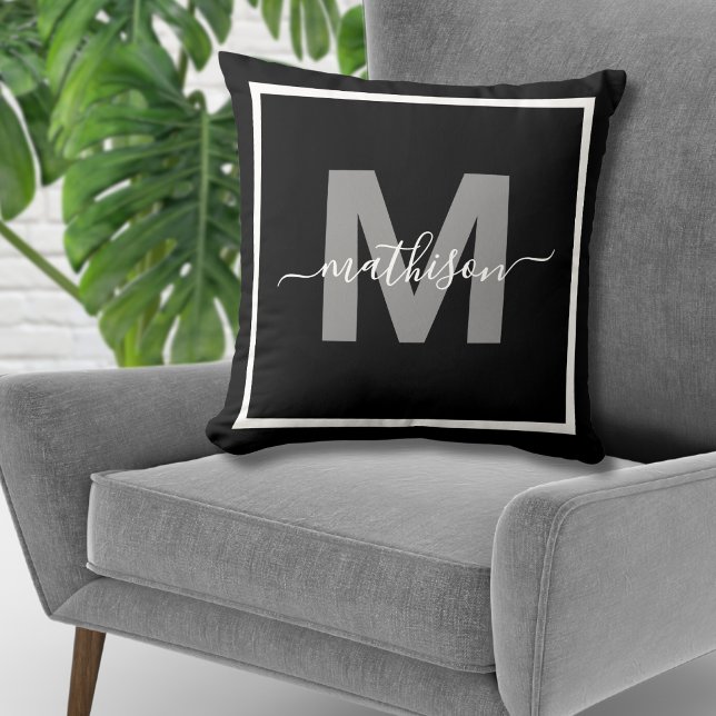 Almofada Monograma Personalizado de Nome de Família Preto e (Personalized Black White Family Name Monogram Throw Pillow )