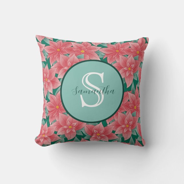 Almofada Monograma Personalizado de Poinsettia de Natal (Frente)