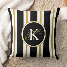 Almofada Monograma Personalizado de Stripes Negras e Dourad