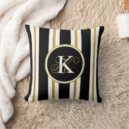 Almofada Monograma Personalizado de Stripes Negras e Dourad