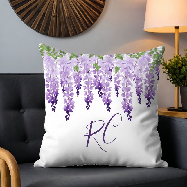 Almofada Monograma Personalizado de Wisteria de Aquarela (Criador carregado)