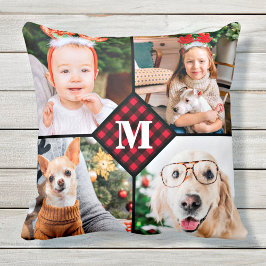 Almofada Monograma Personalizado de Xadrez Vermelha de Buff