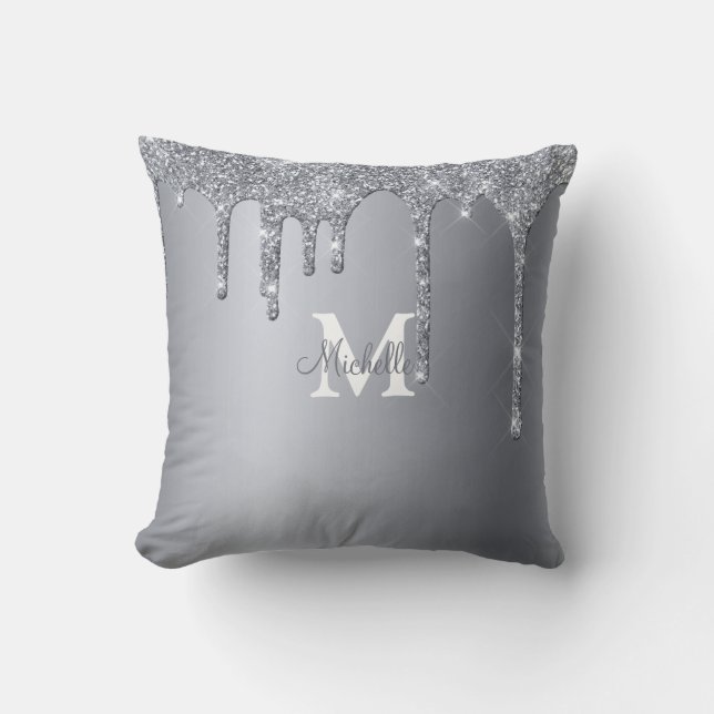Almofada Monograma Personalizado Glitter Silver Glam (Frente)