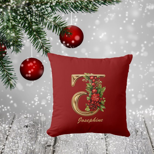 Almofada Monograma personalizado J Natal Vermelho Dourado (Criador carregado)