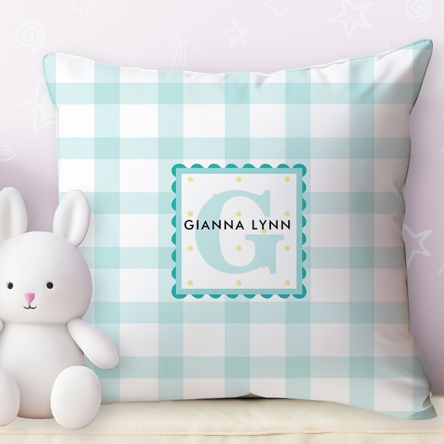 Almofada Monograma Personalizável de Gingham Azul Aqua (Criador carregado)