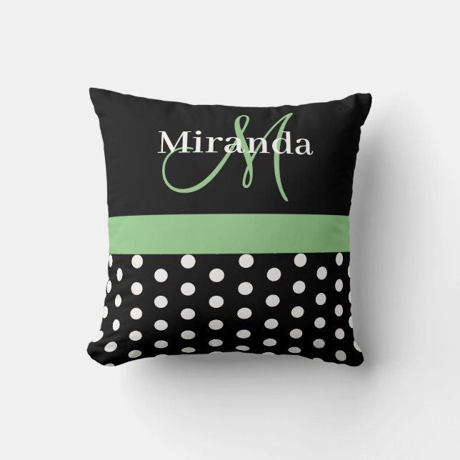 Almofada Monograma Preto Branco Verde Letra Script Bolinhas (Frente)
