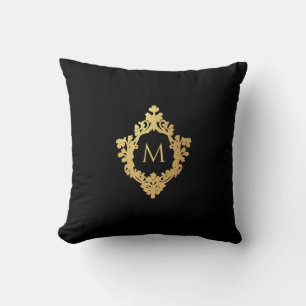 Almofada Monograma Preto Faux Dourado Brasão Elegante Vinta
