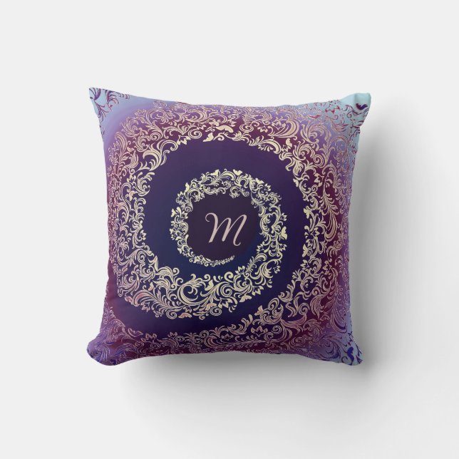 Almofada Monograma Real Purple e Dourado Damask (Frente)