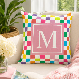 Almofada Monograma Rosa Bege Xadrez Arco-Íris Personalizado