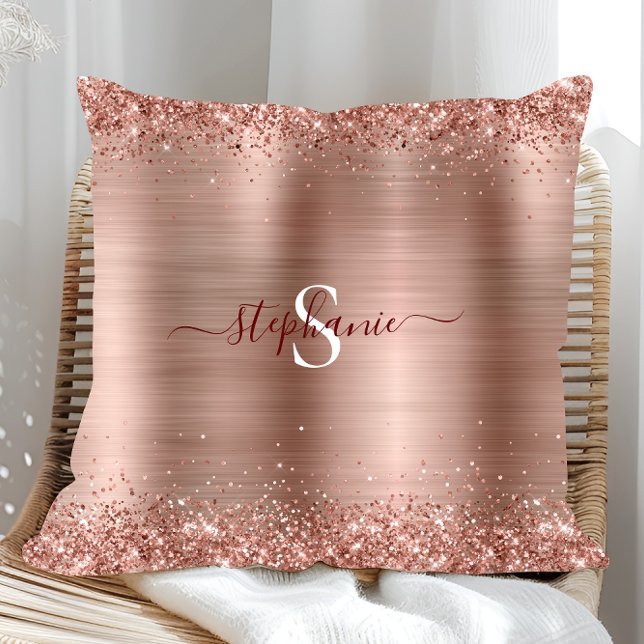 Almofada Monograma Rosa Dourado Faux-Glitter Girly Glam (Monogram Rose Gold Glitter Girly Glam Throw Pillow)