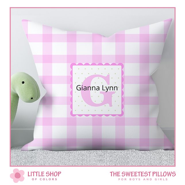 Almofada Monograma Rosa Gingham Baby (Criador carregado)