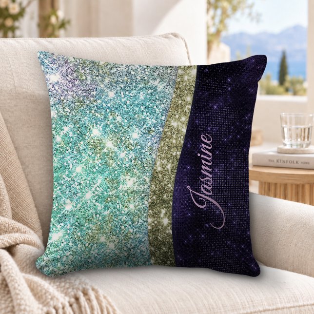 Almofada Monograma roxo azul iridescente chic falso brilho (Criador carregado)