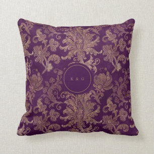 Almofada monograma roxo real de damasco de ouro