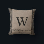 Almofada Monograma Rustic Farmhouse Ticking Strike Burlap<br><div class="desc">Farmhouse Russo Ticking Stripe Burlap Monograma Burgundy Ticking Stripe. O travesseiro é personalizado com seu Monograma e Nome. O travesseiro faz um presente muito pensativo para ser precioso por anos. Nosso modelo de alta qualidade facilita a personalização do seu travesseiro. Se quiser personalizá-lo ainda mais, use o link "personalizar mais"....</div>