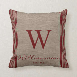 Almofada Monograma Rustic Farmhouse Ticking Strike Burlap