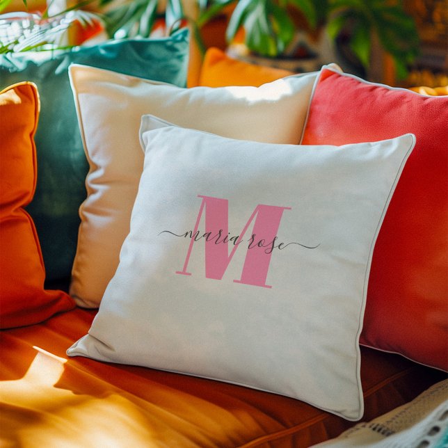 Almofada Monograma Simples Azul Cor-de-Rosa Personalizado (Simple blue and pink monogrammed pillow)