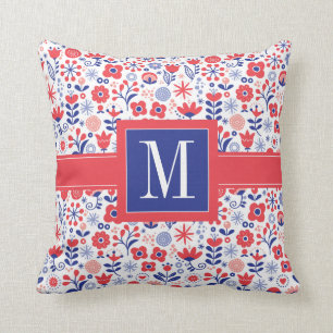 Almofada Monograma teste padrão floral azul & coral de  