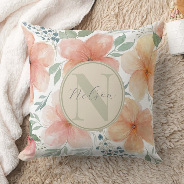 Almofada Monograma Travesseiro decorativo Floral de Pêssego (Cobertor)