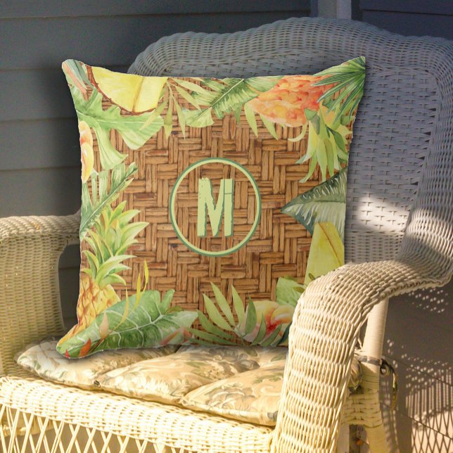 Almofada Monograma Tropical Watercolor Floral (Monogram Tropical Watercolor Floral Outdoor Pillow - 2 sizes)