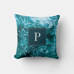 Almofada Monograma Turquoise Sea Waves Name Personalizado
