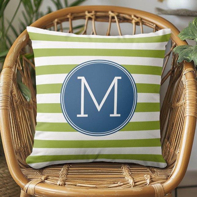 Almofada Monograma Verde de Padrão Tirado do Azul e Limão (Custom Monogram Pillow)