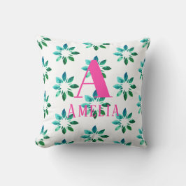 Almofada Monograma Verde Rosa Quente Floral Retro Aquarela
