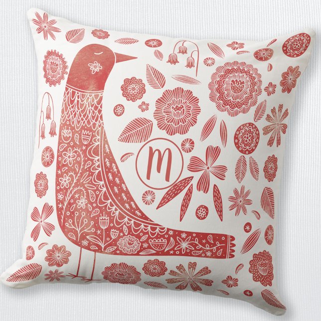 Almofada Monograma - Vermelho Branco (Red and white monogram initial personalized folk art Scandinavian bird and flower throw pillow)