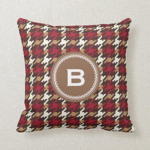Almofada Monograma vermelho marrom da xadrez do houndstooth